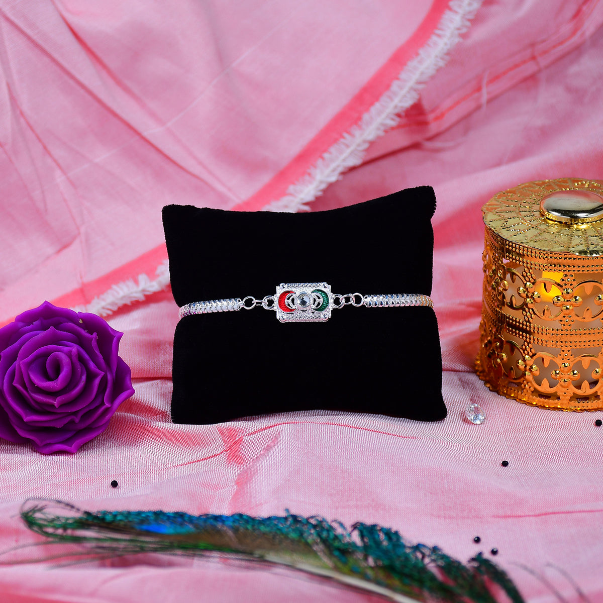 Trendy Geometric Rakhi With Linked Ring Design And Polished Chain